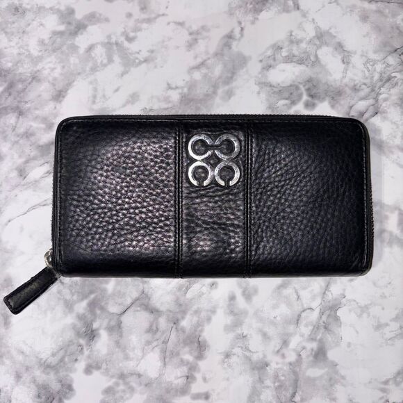 Coach Peyton Accordion Zip Around Logo C Wallet Black Leather Baby Pink Lining - Picture 1 of 11